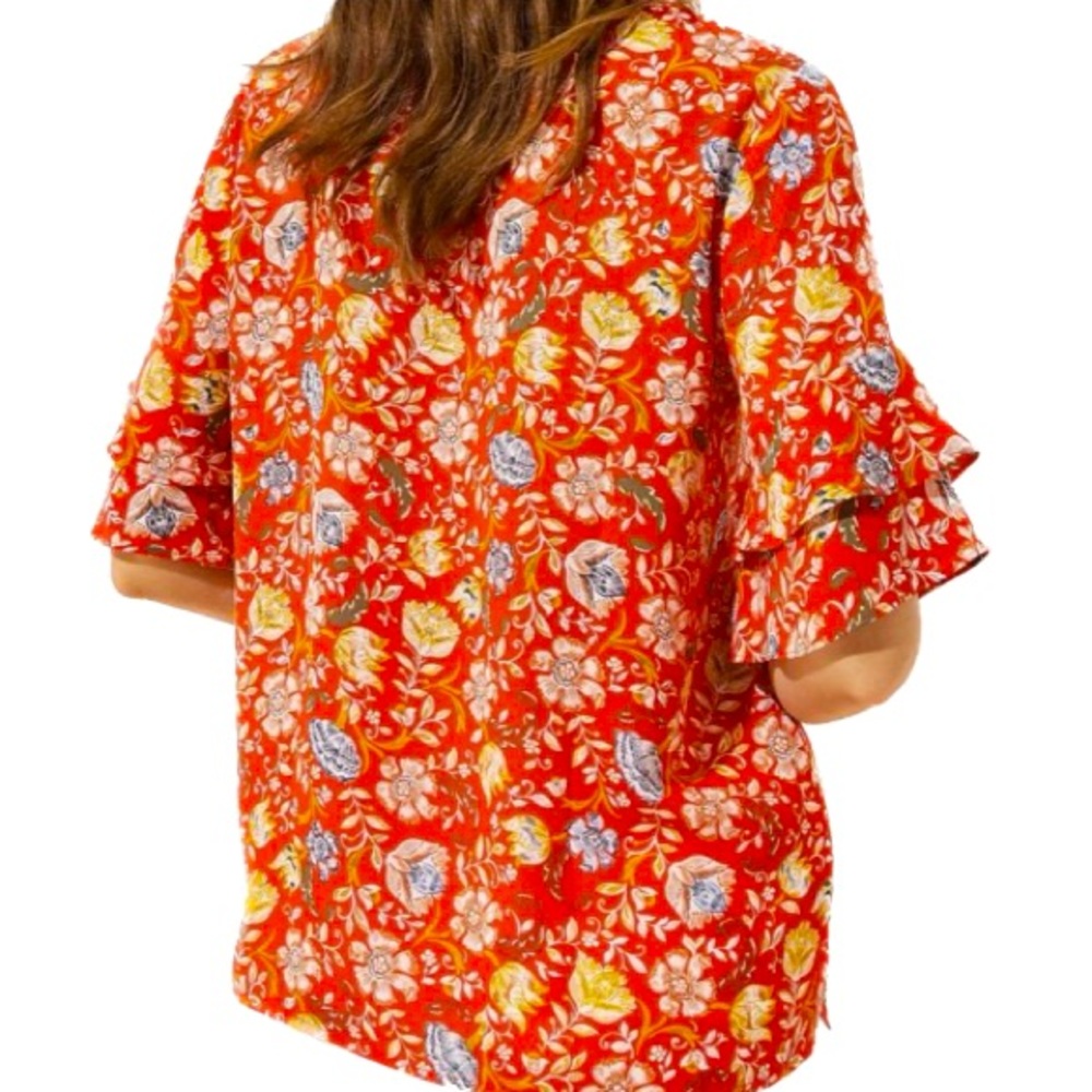 LOFT Floral Multicolor V-Neck Top Ruffled Flutter Sleeves Women’s Sz Small - Picture 2 of 6
